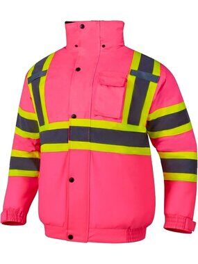 Women's Waterproof Pink Hi-Vis Safety Jacket - Reflective Rain Bomber with Hood